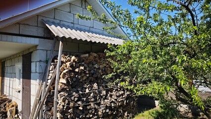 Pile of chopped firewood neatly stacked under a shed beside a country house, with leafy tree in foreground. Concept of self-sufficiency and rural lifestyle