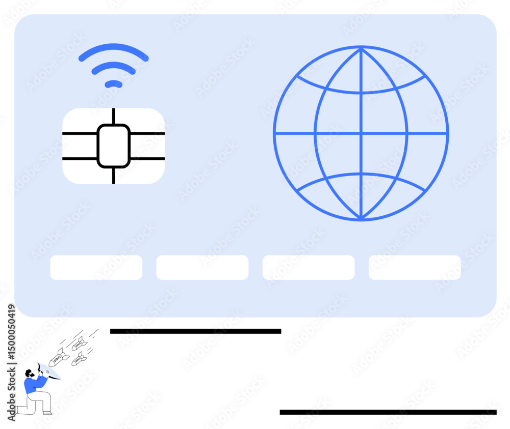 Poster sim card with wireless signal icon next to a globe symbolizing global communication. ideal for techn