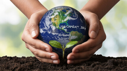 Hands Holding Green Planet Earth – World Environment Day Concept

