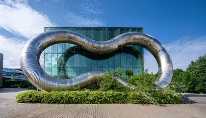 large metallic pipe sculpture resembling a chain link installed on a modern building facade with adjacent greenery and reflective glass windows