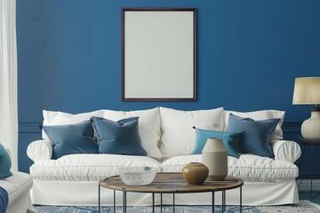 Modern living room with striking blue walls, white sofa, and decorative pillows, centered by a wooden coffee table