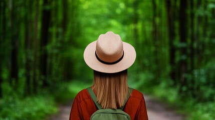 Person wearing a hat and backpack is walking on a trail through a dense green forest.