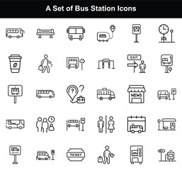 Fototapeta premium Line Art Icons of Bus Station Amenities on Transparent Background Vector Design