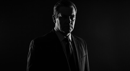 Obraz premium A man in a suit is captured in a dramatic black and white portrait with strong shadows. His intense expression creates a mysterious and cinematic noir atmosphere.