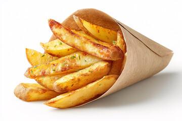 Golden Potato Wedges in a Cone: Savor the delightful image of golden-brown potato wedges, perfectly seasoned and presented in a charming paper cone. The epitome of delicious, crispy indulgence.