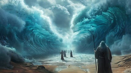 Moises parting the Red Sea with his staff raised, dramatic waves towering on both sides, ancient Israelites walking through the dry path.