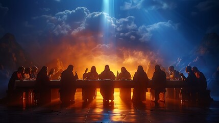 The Last Supper with Jesus and the twelve apostles around a long wooden table, dramatic lighting and classical composition.