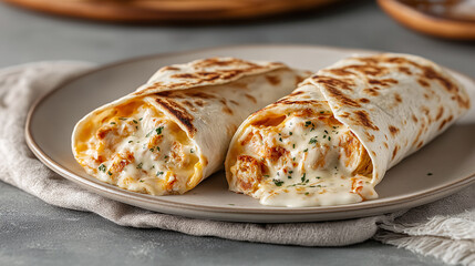 Delectable Burrito Delight: Two tempting burritos, each generously filled with a savory mix, rest on a simple plate, showcasing the rich textures and flavors of the Mexican culinary heritage.