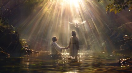 Jesus being baptized by John in the Jordan River, dove descending from the sky, peaceful and radiant atmosphere.