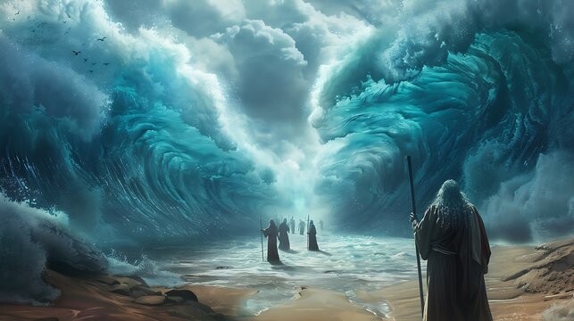 Moises parting the Red Sea with his staff raised, dramatic waves towering on both sides, ancient Israelites walking through the dry path.