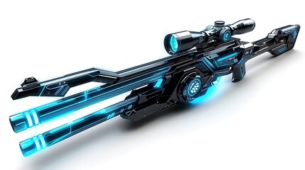 Futuristic plasma sniper rifle with glowing blue elements and sleek design, isolated on white background.