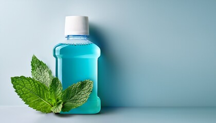 plastic mockup pack bottle with mouthwash colored liquid dental health and fresh breath product mint leaves refreshing mouthwash