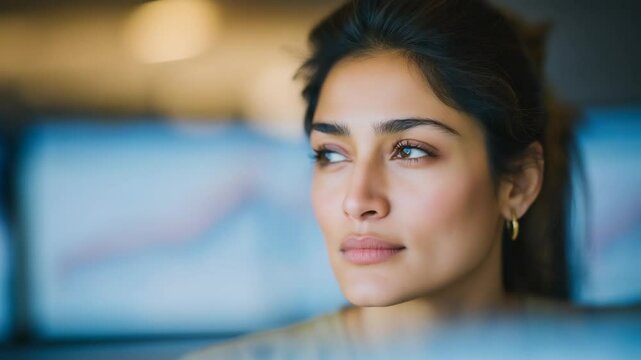 South Asian woman analyzing data in tech hub with multiple screens