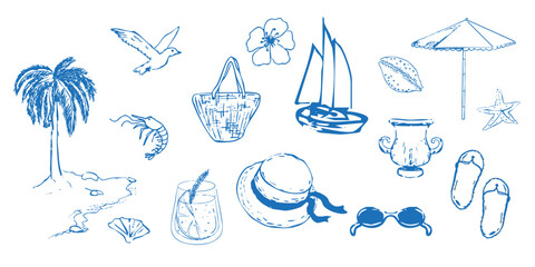 Summer seashore beach sea tourism, rest sketch drawing. Line hand drawn beach party elements palm, hat seashell. Vacation doodle tropical print.