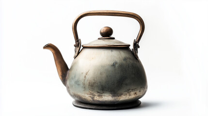 A sleek metal kettle against a white background, emphasizing its shiny surface, curved handle, and classic spout design.
