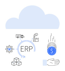 Cloud with icons for gear, factory, truck, coins, hand, boxes, ERP in center. Ideal for business automation, workflow supply chain logistics budgeting digital transformation simple landing page
