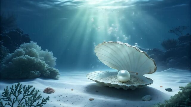 An underwater scene with a large open clam shell revealing a glowing pearl, surrounded by coral, small shells, and bubbles, with sunlight rays streaming through the water.
