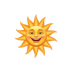 Cartoon cheerful sun face with rays shining brightly and a wide smile