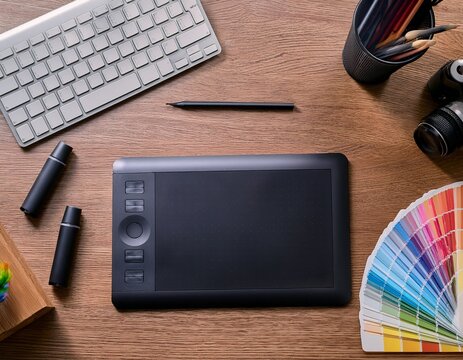 a designer s workspace featuring a graphic tablet and color swatches