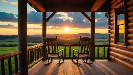 Rustic porch with rocking chairs at sunset overlooking a valley
