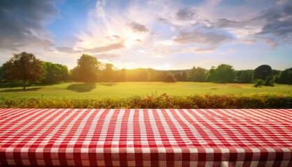 red checkered tablecloth on sunny picnic background