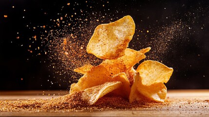 Potato chips are sprinkled with seasoning on a wooden surface against a dark background!