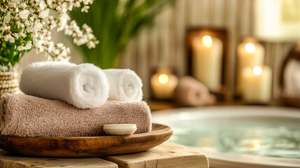 Spa still life with candles, towels, and flowers