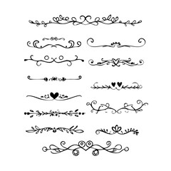 Fototapeta premium Hand drawn text dividers and graphic elements. Vector floral designs. Vintage ornament divider set.Hand drawn border collection for invitation,poster,banner.Retro decoration vector collection 