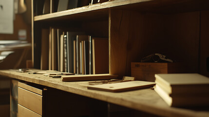 Wooden Desk with Books and Tools