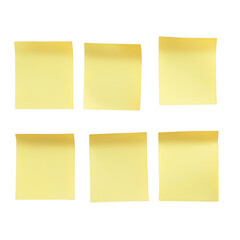 Six yellow sticky notes arrangement on transparent background