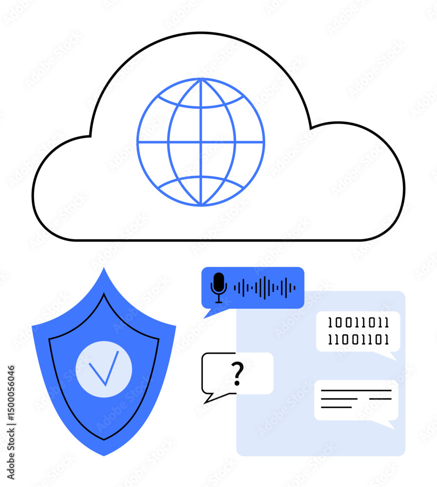 Poster cloud with globe icon, shield for security, voice recognition, binary code, text bubbles. ideal for 