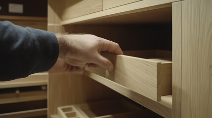 Hand Opening a Wooden Drawer in a Cabinet
