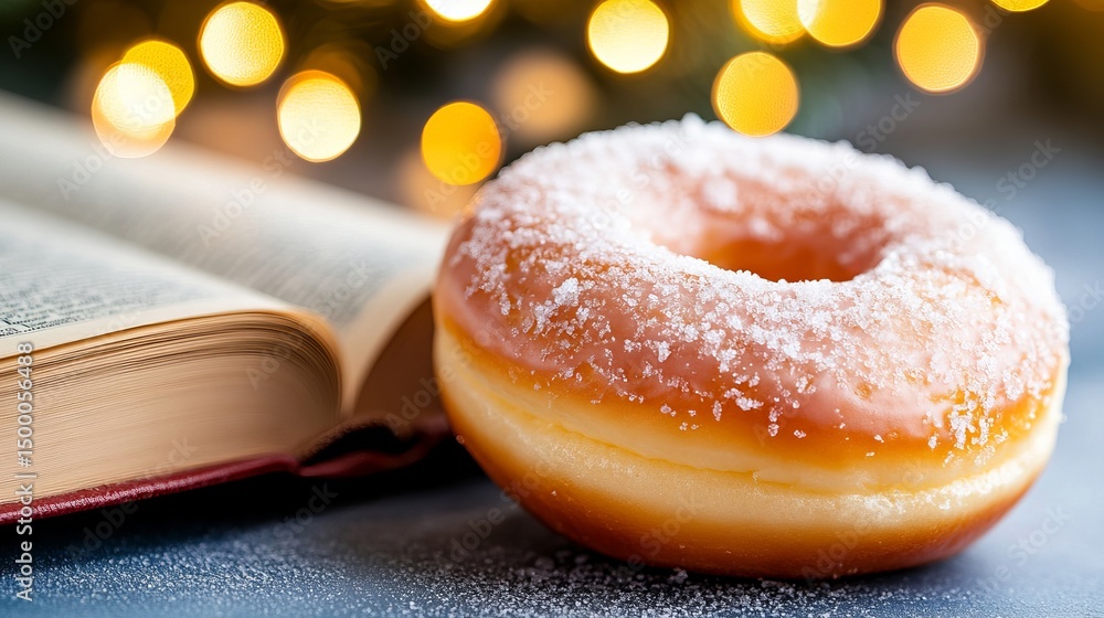 Poster powdered donut sits near an open book against blurred bokeh lights in a softly lit setting.
