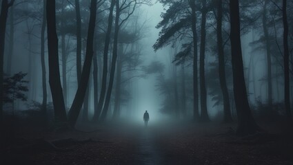 Obraz premium Silhouette figure walking in a misty, dark forest