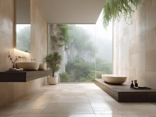 minimalist luxury bathroom, soft beige tiles, large window, nature outside, refined and peaceful space