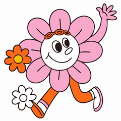 Happy Pink Flower Character Running, Cartoon Illustration
