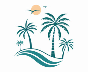 Tropical Beach Scene: Palm Trees, Sun, and Ocean Waves Illustration