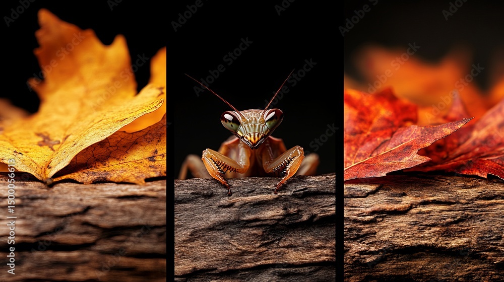 Poster praying mantis rests on a log with yellow and red leaves in a segmented image. - high quality prayin