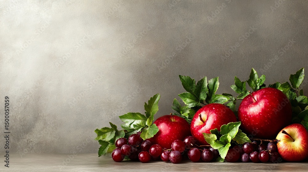 Poster red apples and grapes are displayed with green leaves against a textured gray backdrop, creating a s