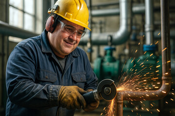 Worker in safety gear operating grinder in industrial setting.