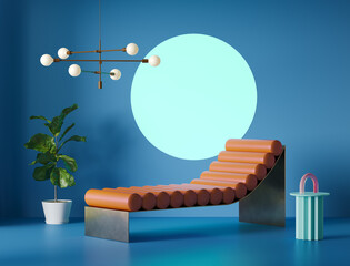 3d render of a vibrant color block interior in Memphis style withblue and orange colors	