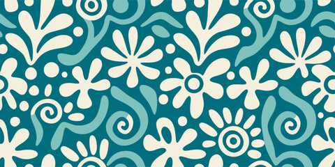 Seamless Teal Floral Pattern: Abstract Flower Design