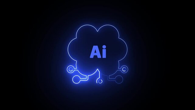 Blue neon AI data cloud icon on black background.  Blue neon-style AI cloud logo looping animation. 
