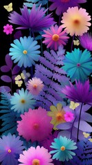 Fototapeta premium Vibrant Floral Pattern: Colorful Blossoms and Butterflies on Black Background
