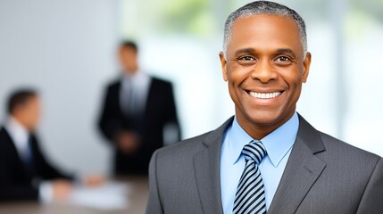 Confident smiling businessman in a professional suit with colleagues in the background