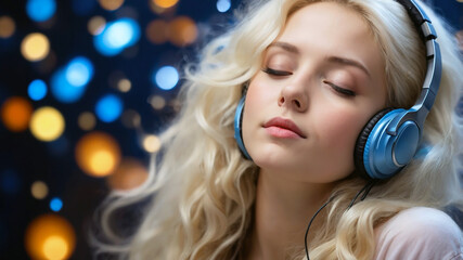Young woman enjoying music with headphones and closed eyes.