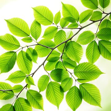 Fresh green elm leaves on a branch in springtime, vibrant and full of life, illuminated by sunlight against a bright background