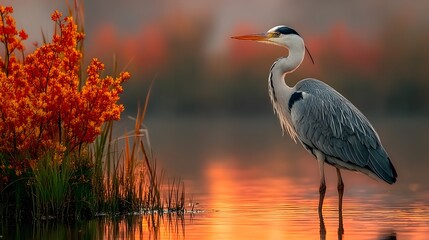 Naklejka premium Serene Majestic Grey Heron at Roszke Lake with Pastel Sunrise Reflection and Lush Vegetation