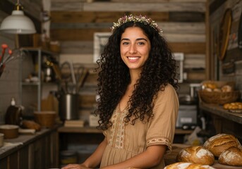 Baker with floral crown smiles warmly