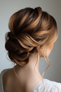 Elegant hairstyle with soft waves and intricate updo for a special occasion, highlighting subtle caramel and chocolate tones